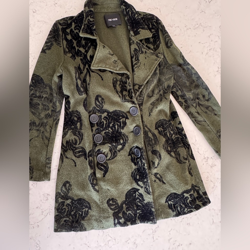 NIC+ZOE Olive and Black Patterned Pea Sweater Coat